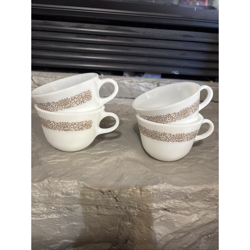 Set of 4 Pyrex Woodland Brown Coffee Tea Cup Mug Corelle Corning Ware Pattern